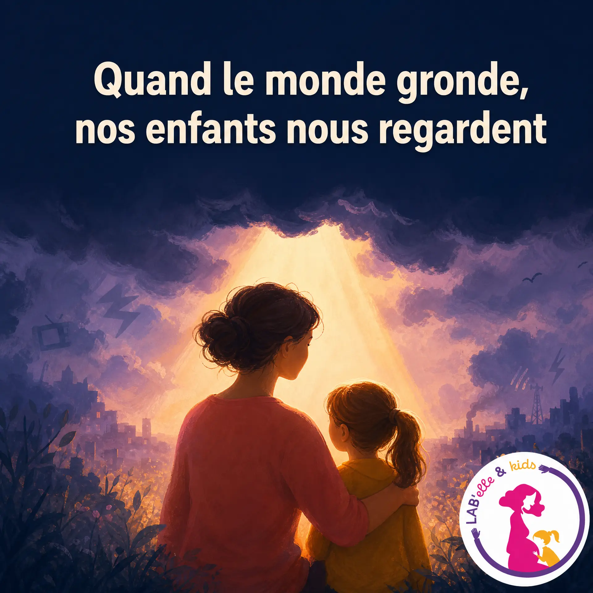 Illustration : une mère et sa petite fille, dos à nous, devant une trouée de lumière dorée percant un ciel d'orage