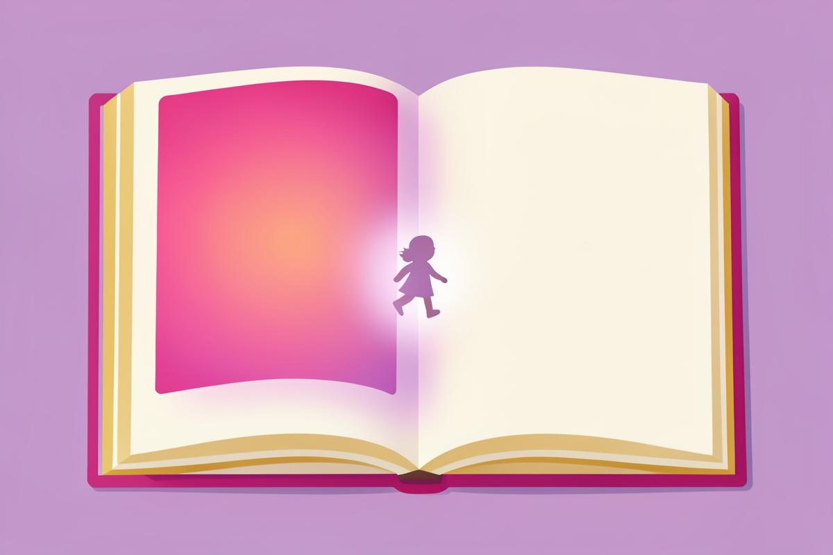 Illustration : un livre ouvert dont une page chapitre brille doucement, avec la silhouette d'un enfant qui avance vers les pages suivantes