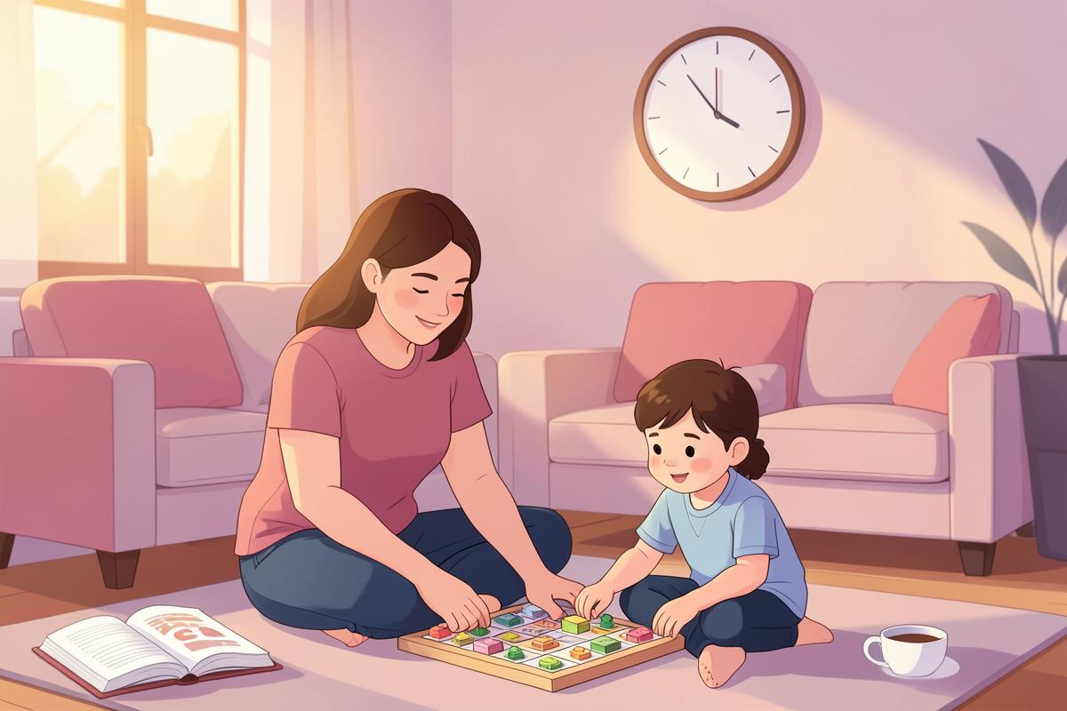Illustration : une mère et son enfant jouent ensemble par terre dans un salon doux, une grande horloge murale en arrière-plan