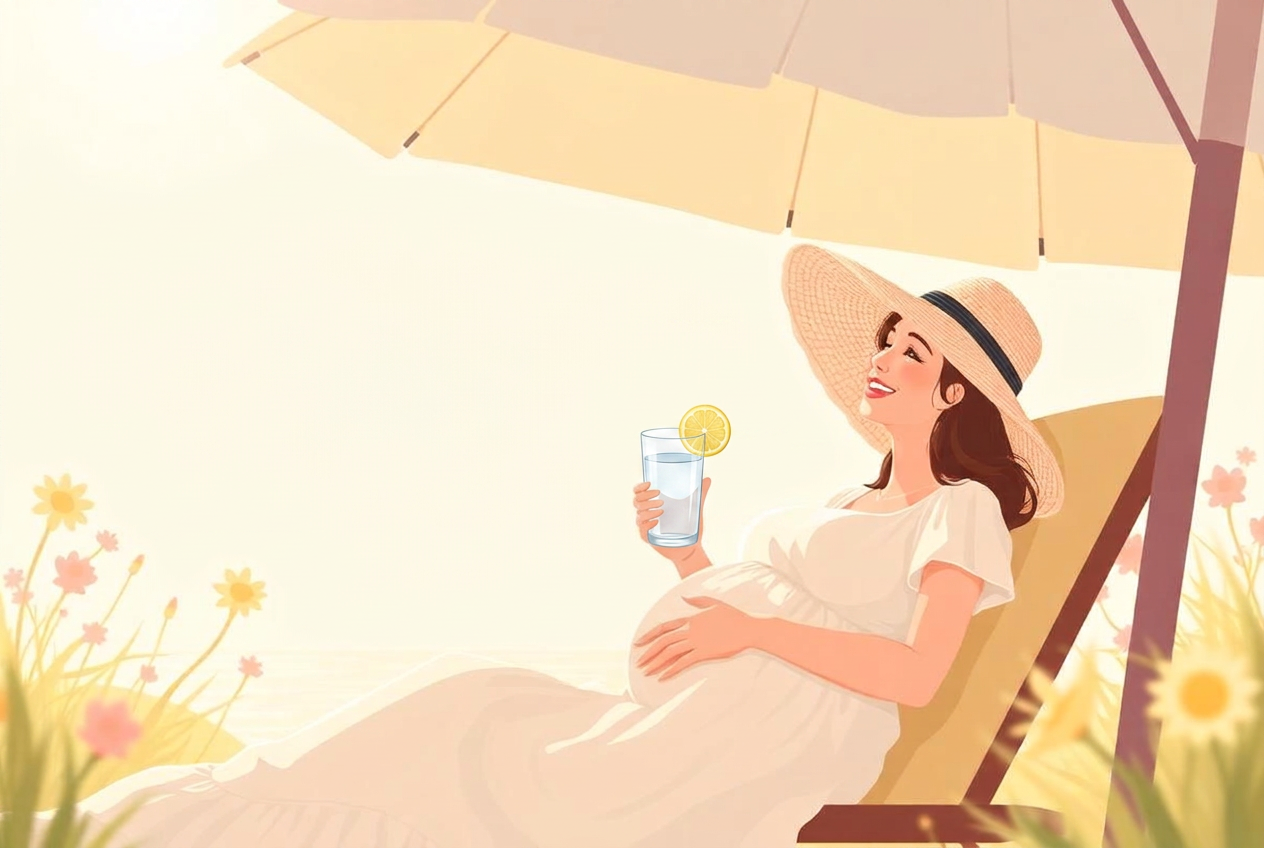 Femme enceinte souriante installée à l'ombre d'un parasol en été, un verre d'eau à la main