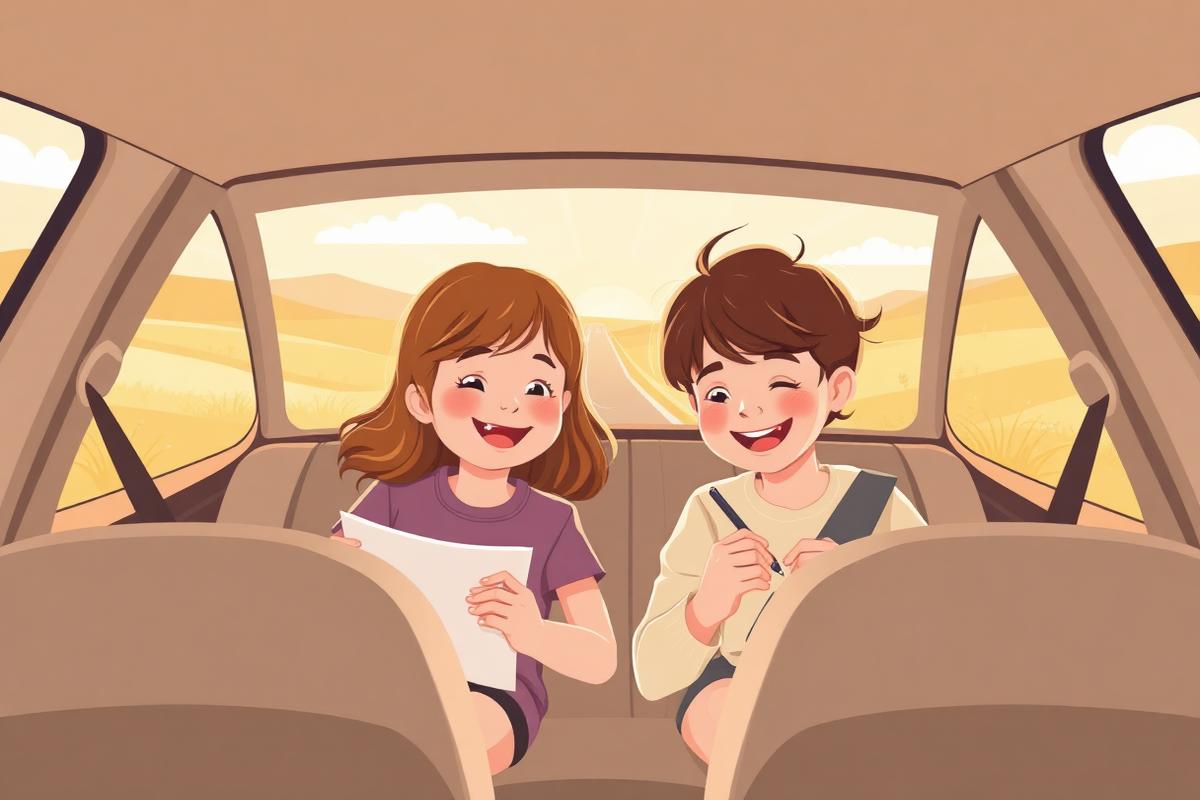 Deux enfants qui jouent et dessinent à l'arrière d'une voiture pendant un trajet de vacances