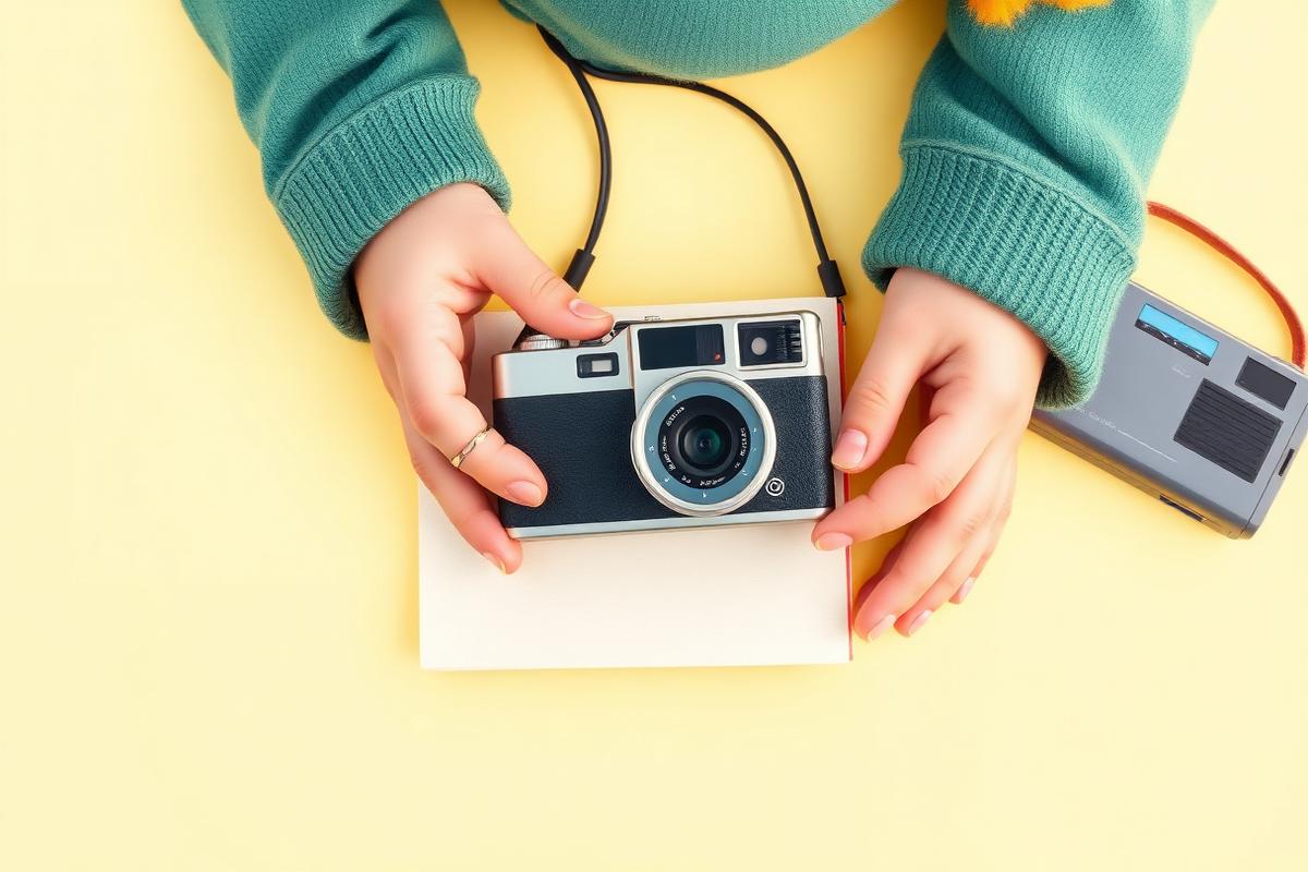 Mains d'enfant tenant un appareil photo argentique, un carnet et un baladeur