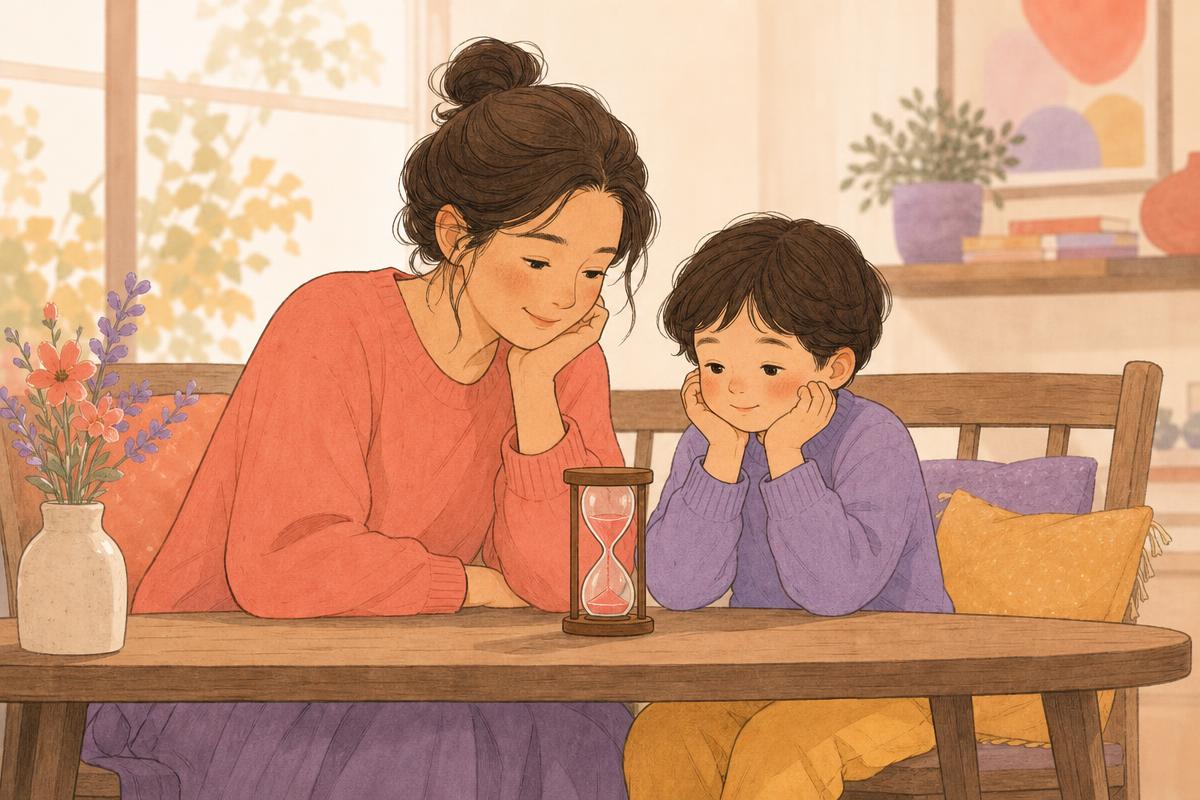 Illustration : une mère et son enfant regardent ensemble un sablier posé sur une table