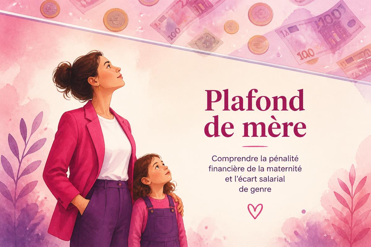 Illustration : une mère avec son enfant lève les yeux vers un plafond transparent avec des pièces et des billets en euros flottant au-dessus
