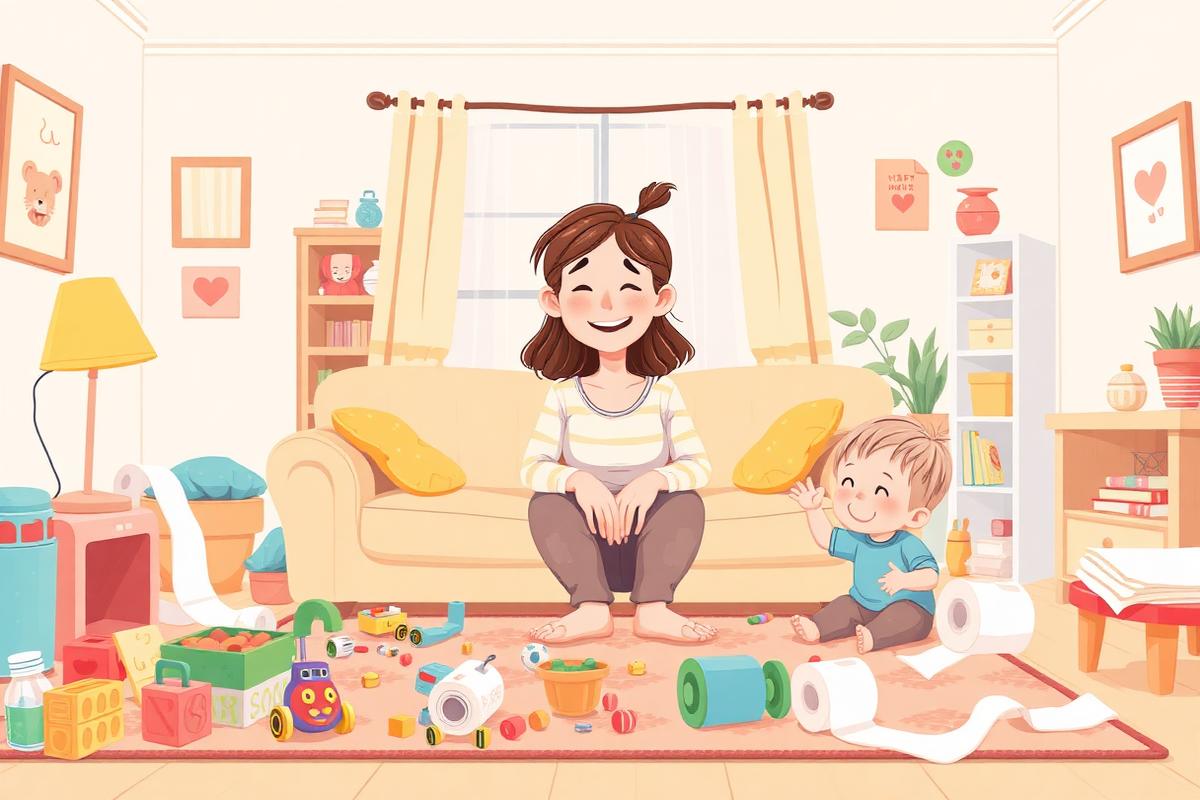 Maman souriante dans un salon envahi de jouets avec ses enfants