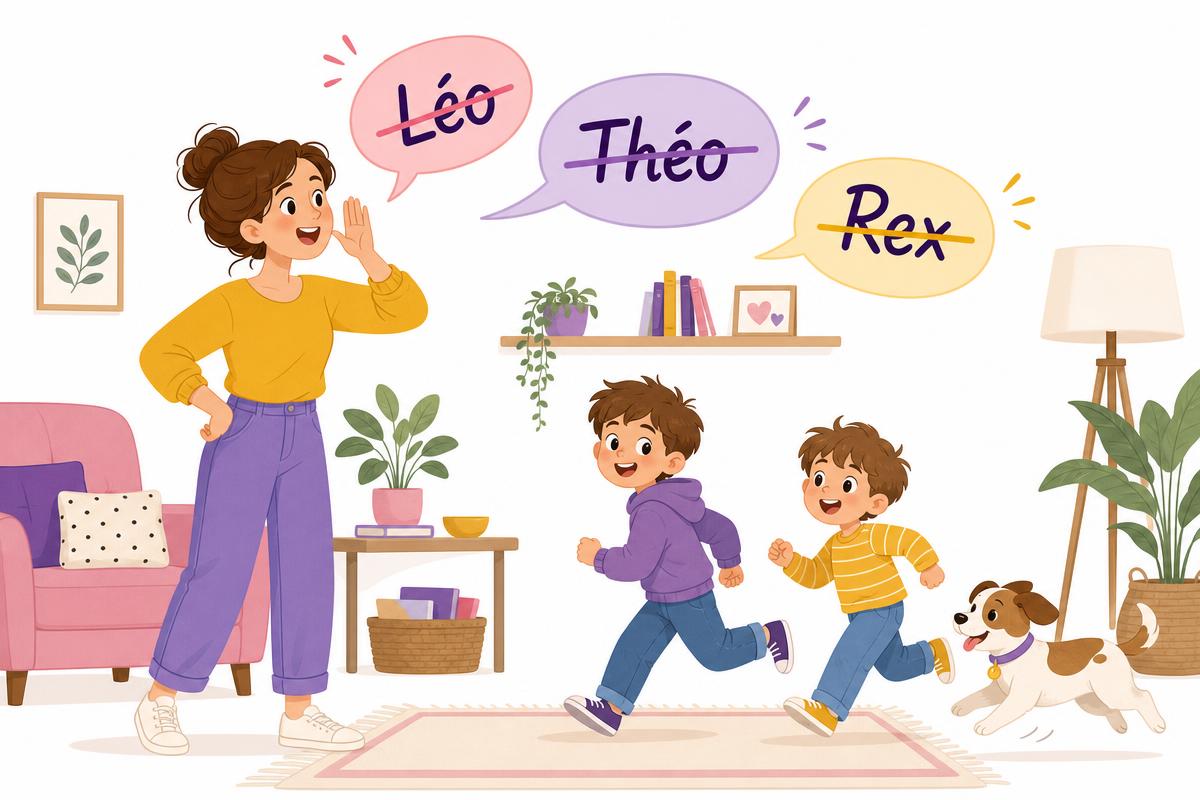 Illustration : une mère appelle ses enfants en mélangeant les prénoms Léo, Théo et Rex