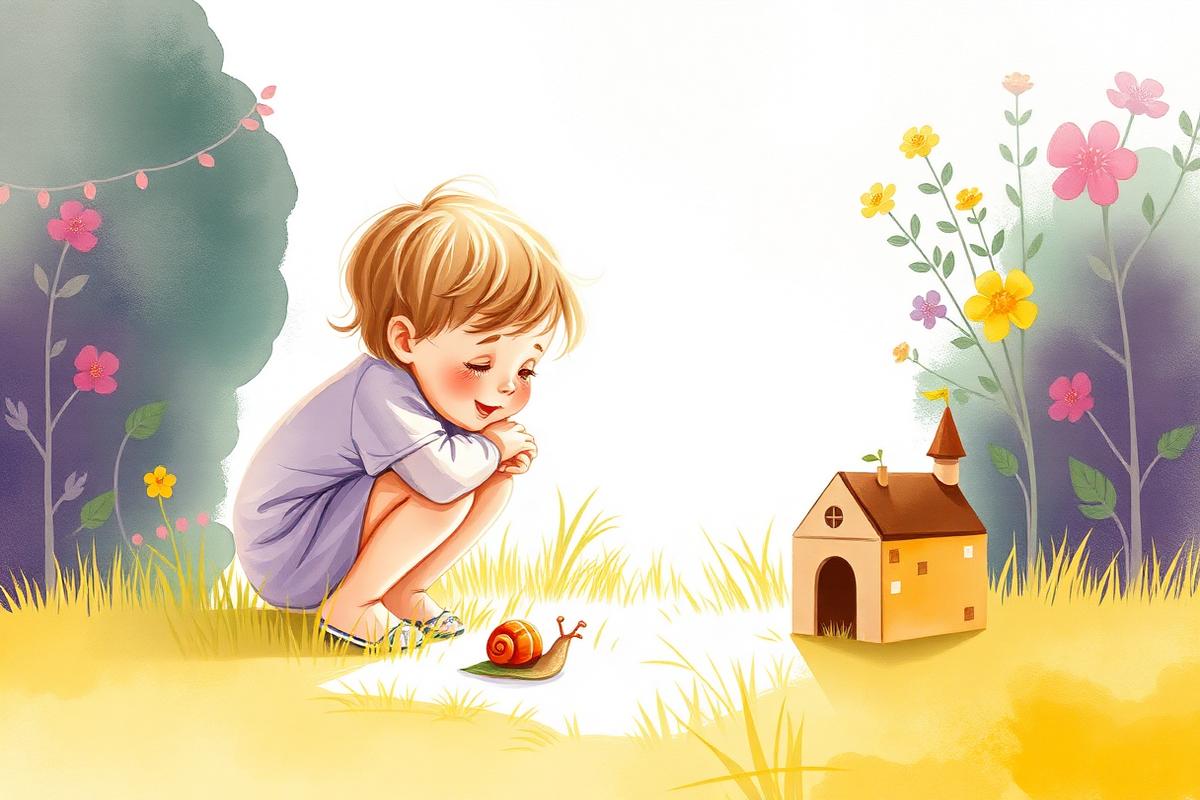 Illustration : un enfant regardant avec émerveillement un escargot dans un jardin ensoleillé