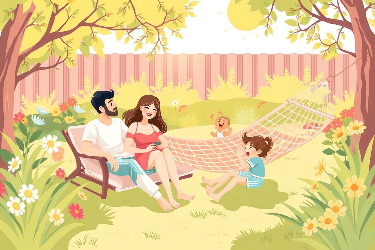 Parents détendus dans un jardin ensoleillé pendant que leurs enfants jouent